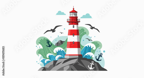 A classic red and white striped lighthouse stands tall on a rocky outcrop, surrounded by crashing waves, seagulls in flight, and anchors symbolizing the sea's allure and navigational guidance