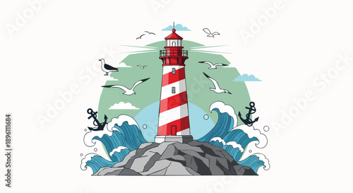Iconic lighthouse standing tall on a rocky shore, with crashing waves and seagulls flying overhead, symbolizing guidance, safety, and coastal navigation