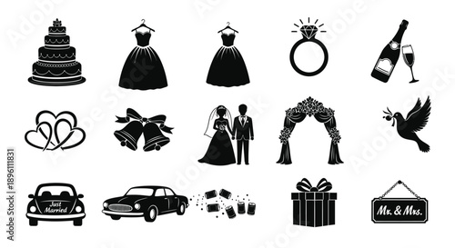 Collection of black silhouette wedding icons on white background