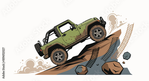 Vibrant illustration depicting a rugged 4x4 vehicle climbing a steep, challenging dirt and rock hill, emphasizing off-road adventure, power, and exploration