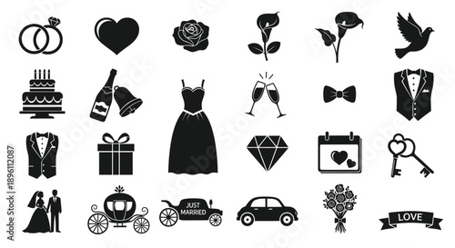 Collection of black and white wedding icons and symbols