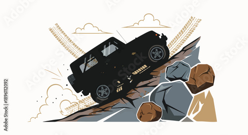 Dynamic illustration of a powerful black off-road vehicle ascending a steep, rocky dirt path, showcasing adventurous spirit and challenging extreme terrain drive