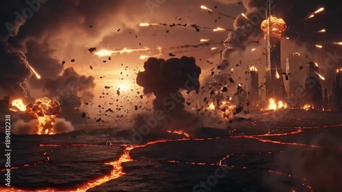 An intense, dramatic depiction of a futuristic city under a cataclysmic attack. Fiery meteors rain down from a dark, smoke-filled sky, causing massive explosions and widespread devastation across the 