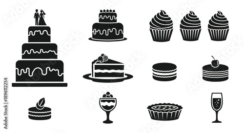 Collection of wedding cakes and desserts icons