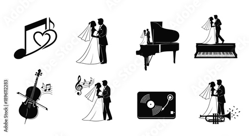 Romantic wedding music icons set