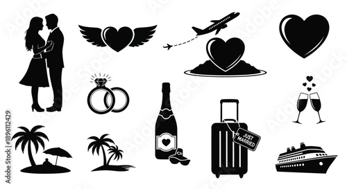 Couple embracing with various wedding and honeymoon icons