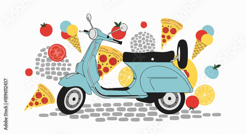 Charming illustration of a retro blue motor scooter with pizza, ice cream, tomatoes, and lemons, evoking a delightful summer urban food and travel vibe