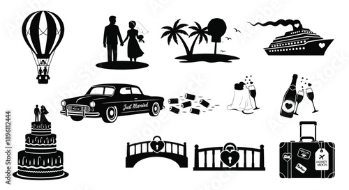 Collection of black silhouette wedding and honeymoon icons