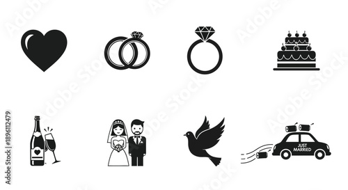 Collection of wedding icons and symbols in black and white