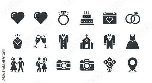 Collection of black silhouette wedding related icons on white background