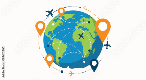 Seamless global connectivity represented by a world map with flying airplanes, connecting lines, and pinpoint locations, symbolizing modern international travel and efficient worldwide logistics