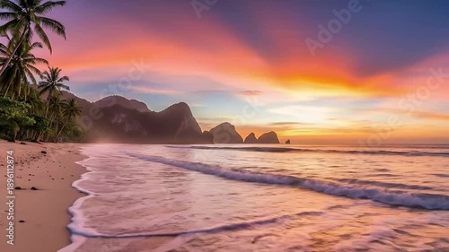 Experience the serene beauty of a tropical beach at the cusp of dawn or dusk, where the sky explodes in a magnificent display of oranges, pinks, and purples. Gentle waves lap softly onto a pristine sa