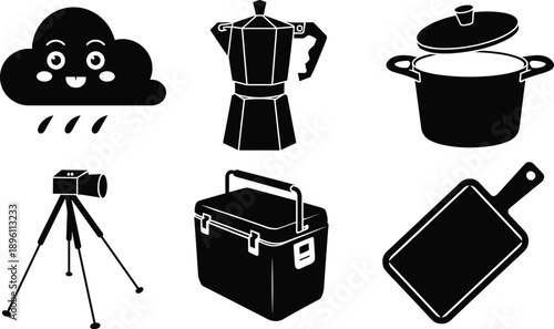Icons, silhouette, cloud, rain, moka pot, cooking pot, camera, tripod, cooler, cutting board, kitchen, camping, travel, outdoor, lifestyle, black, vector, design, concept, illustration
