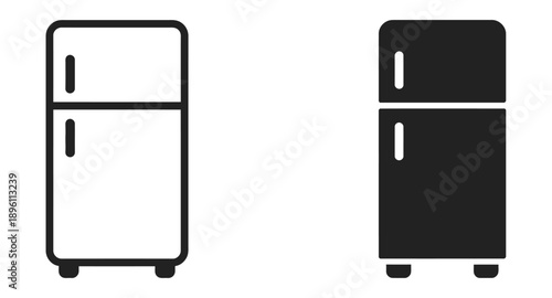 Fridge icon illustrating line and glyph refrigerator symbols, kitchen appliance design, minimal household equipment graphics