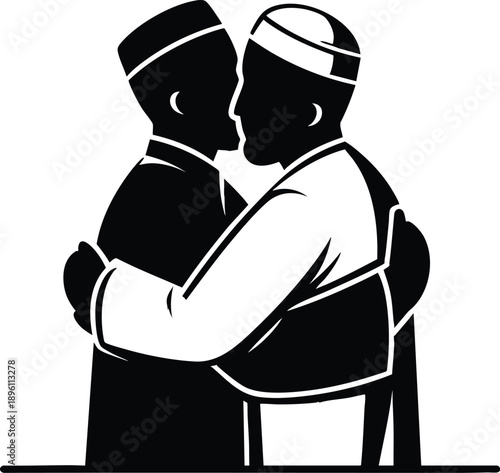 Two men in traditional Islamic attire embracing symbolizing unity and friendship simple vector illustration for cultural concepts
