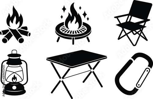 Camping, icons, silhouette, fire, chair, lantern, table, carabiner, gear, outdoor, equipment, black, vector, design, adventure, travel, hiking, lifestyle, concept, illustration