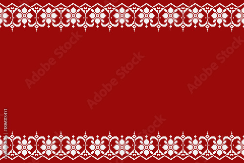 Red and white pixel border pattern with symmetrical folk ornaments framing an open center. Decorative geometric layout for textile, background, and surface applications.