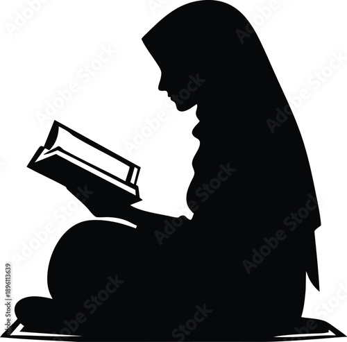 Silhouette of a Muslim woman in hijab reading a book vector illustration representing education and faith isolated on white background