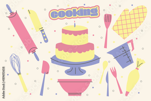 Pastry equipment for baking, desserts, and sweets. A set of cartoon-style items including a whisk, pastry bag, cakes, and pastries. Ideal as stickers for culinary blogs, books, and printed materials