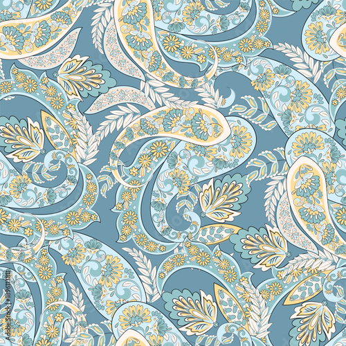 Paisley seamless vector pattern with fantastic flowers and leaves. Bohemian textile print inspired by batik. Vintage style