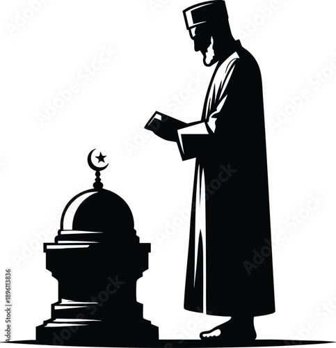 Silhouette of a Muslim man praying at a tomb with a crescent moon Islamic cultural symbol for religious devotion and remembrance isolated on white