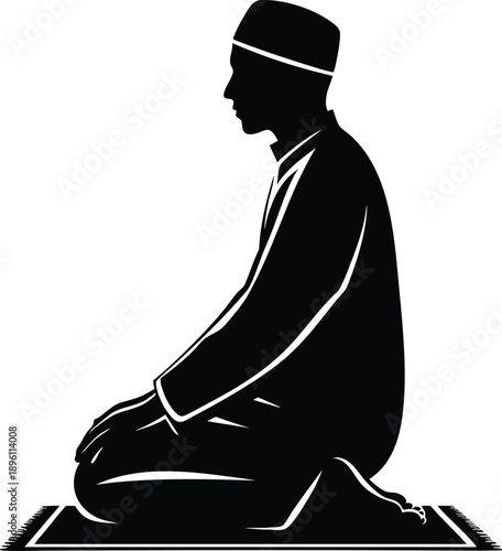 Silhouette of a Muslim man praying on a prayer mat representing Islamic faith and devotion isolated on white background
