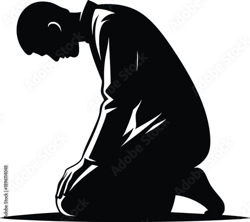 Silhouette of a Muslim man praying kneeling in prayer representing faith and devotion isolated on white background