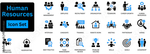Human Resources icon set contain teamwork, recruitment, leadership, communication, motivation, and cooperation icons. Solid vector
