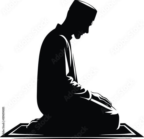 Silhouette of a Muslim man praying on a prayer mat representing Islamic faith and devotion isolated on white background