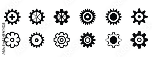 Gear icon set illustrating mechanism concept, pinions collection, cogwheels signs, clockwork systems, transmission elements, engine symbols