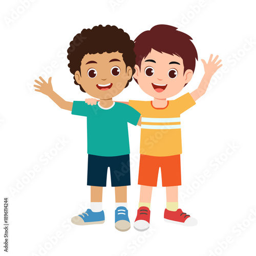 Two happy cute little boys best friend hugging each others. Cartoon flat character design