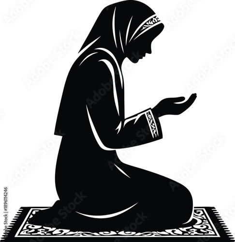 Silhouette of a Muslim woman praying on a rug representing faith and devotion ideal for religious or cultural themes