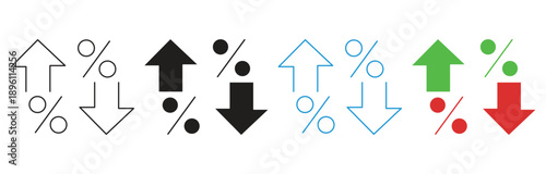 Percentage growth and decline icon set. Percent with arrows up and down. Increasing and reduction percentage. Growing and decline percent symbol ,Element for business, banking, credit, interest rate, 