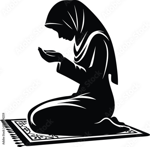 Silhouette of a Muslim woman in hijab praying on a rug representing faith devotion and Islamic culture isolated on white background