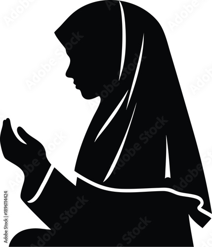 Silhouette of a Muslim woman praying wearing a hijab isolated on a white background representing faith and devotion