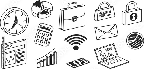 A collection of fifteen hand-drawn, black and white business-related icons arranged in a grid formation against a white background. The icons include a padlock, two briefcases, a shopping bag, a pie c