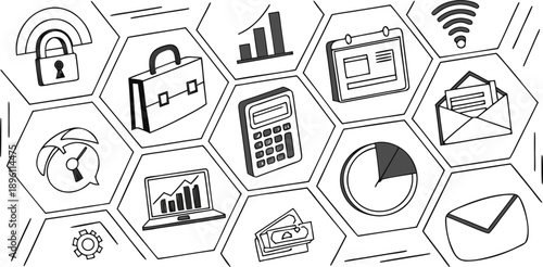 A collection of fifteen hand-drawn, black and white business-related icons arranged in a grid formation against a white background. The icons include a padlock, two briefcases, a shopping bag, a pie c