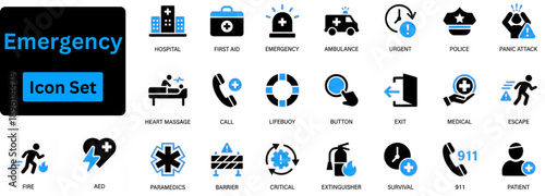 Emergency icon set Containing ambulance, lifebuoy, first aid, police, medical, emergency exit, hospital and SOS icons. Solid icon set.
