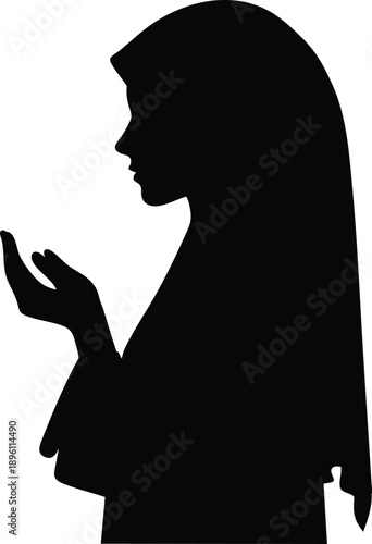 Silhouette of a Muslim woman praying wearing a hijab isolated on white background representing faith and devotion
