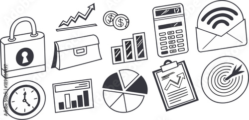A collection of fifteen hand-drawn, black and white business-related icons arranged in a grid formation against a white background. The icons include a padlock, two briefcases, a shopping bag, a pie c