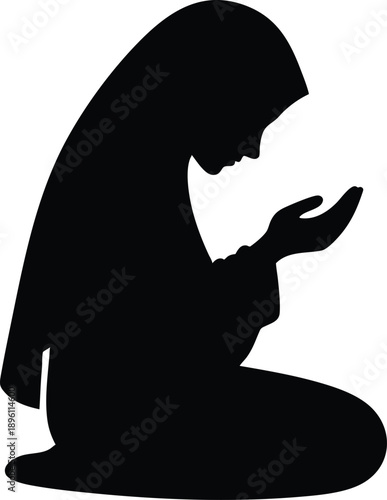 Silhouette of a Muslim woman praying kneeling in prayer Islamic faith symbol for religious concepts and cultural representation isolated on white