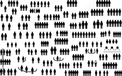 Large Collection of Black Human Silhouette Icons Representing Diverse Social Groups, Community Clusters, Corporate Teams, Population Demographics, and People Standing Together.