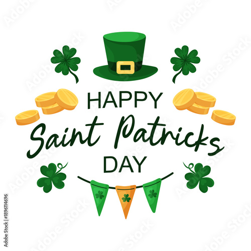 Square Saint Patricks Day web banner. Hat, clover and gold coins on white background. Holiday greeting card. Hand drawn vector illustration.