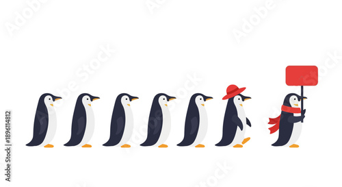 Penguins marching in protest with sign and red banners, illustrations of wildlife activism