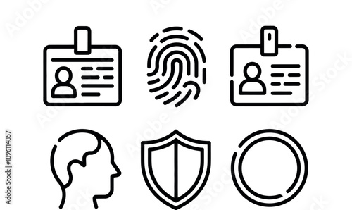 A collection of security and identification line icons includes a fingerprint, shield, and profile.
