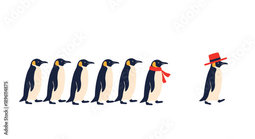 A lone penguin wearing a red hat and scarf stands out among a group of penguins in a line illustration
