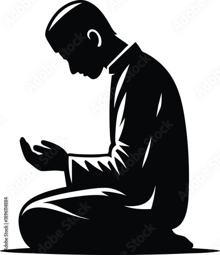 Silhouette of a Muslim man praying kneeling with open hands representing Islamic faith and devotion isolated on white background
