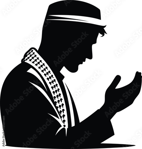 Silhouette of a Muslim man praying wearing a kufi cap and keffiyeh scarf vector illustration for religious and cultural concepts