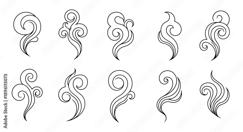 Naklejka premium Set of ten hand drawn smoke or steam swirls in a minimalist line art style.