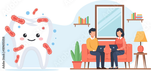 Cute tooth with germs and people working on laptops at home